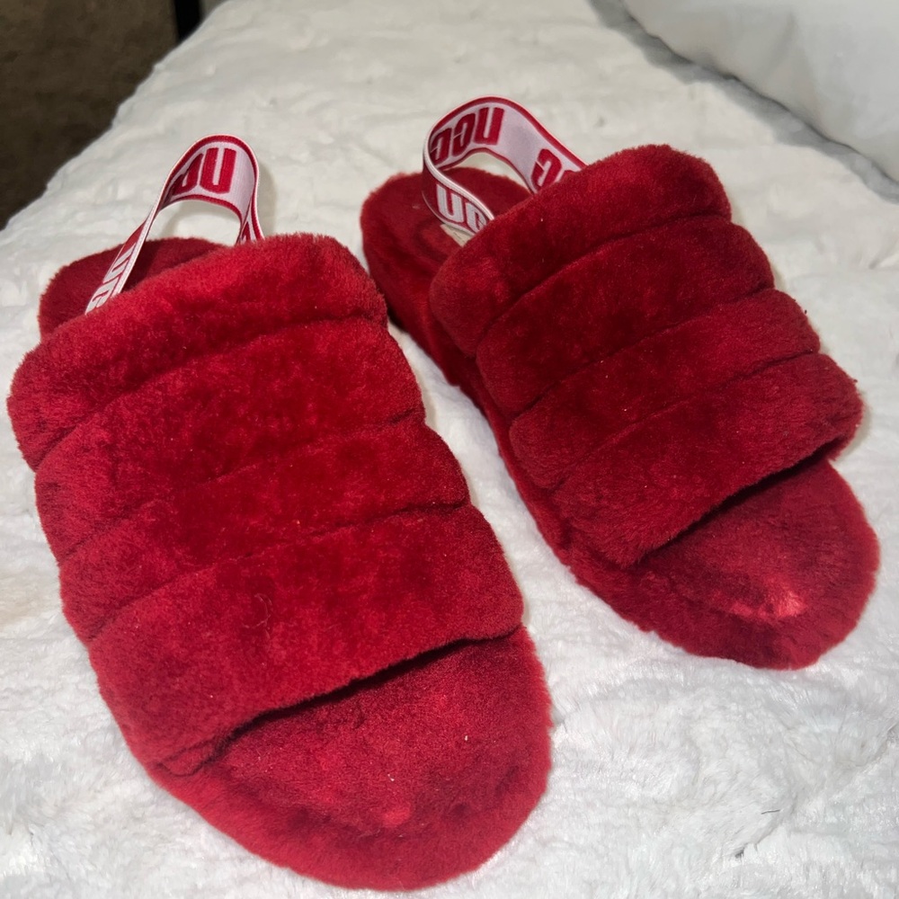 Ugg Used Like New Red Fluff Slide “Ribbon Red” Si… - image 2
